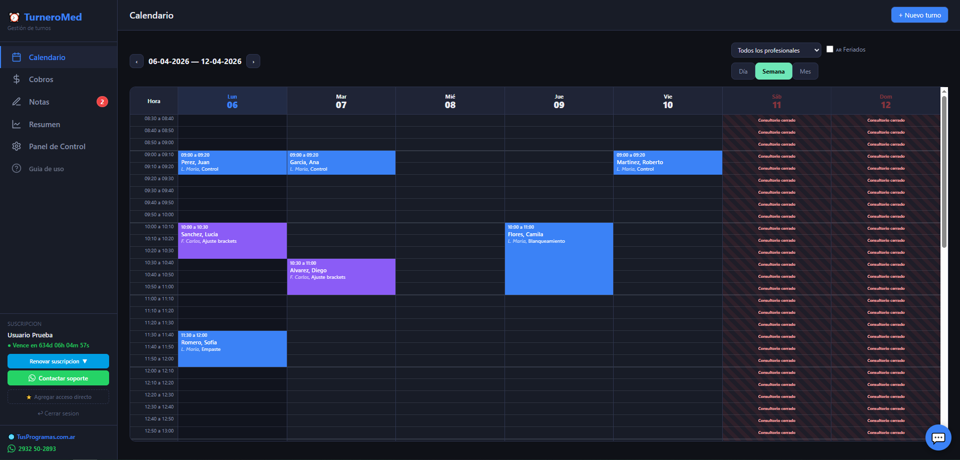 Calendario semanal de turnos