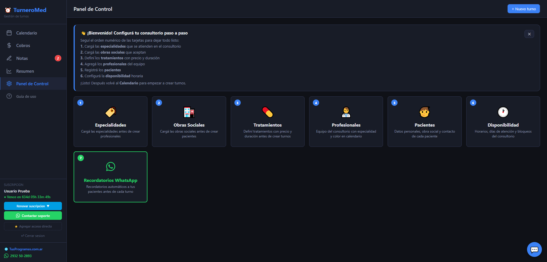 Panel de configuración