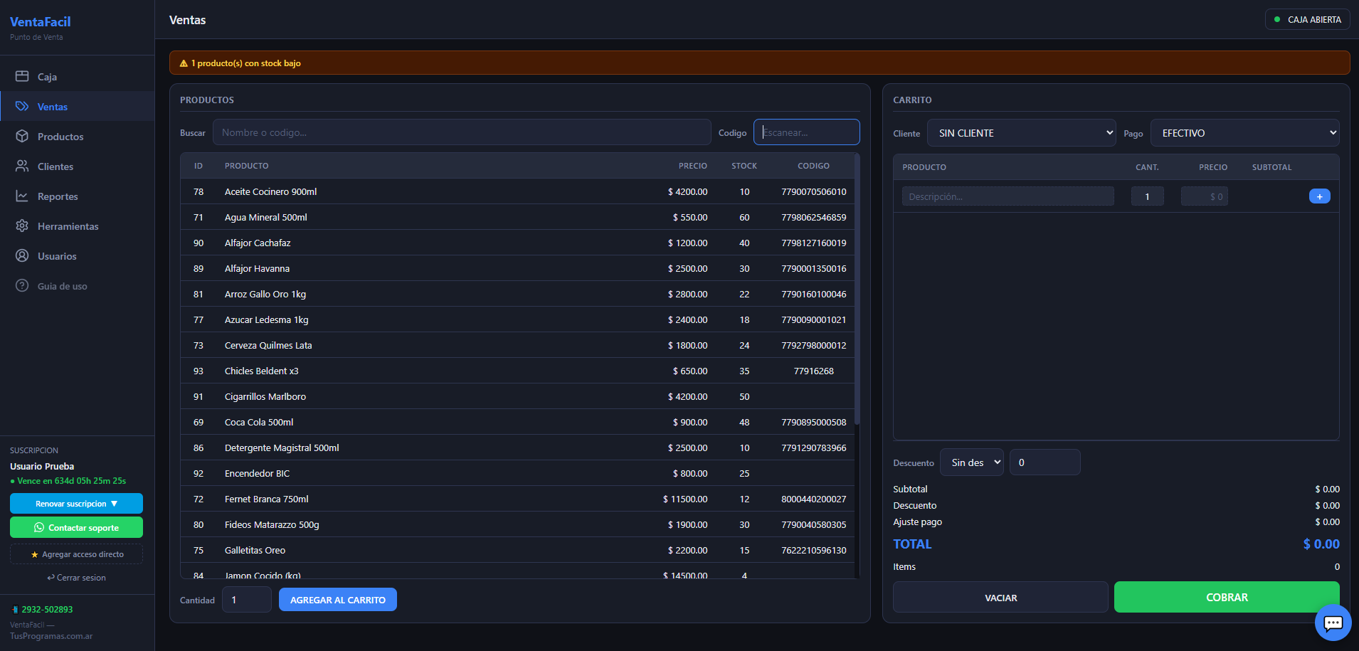 Punto de venta con catálogo y carrito