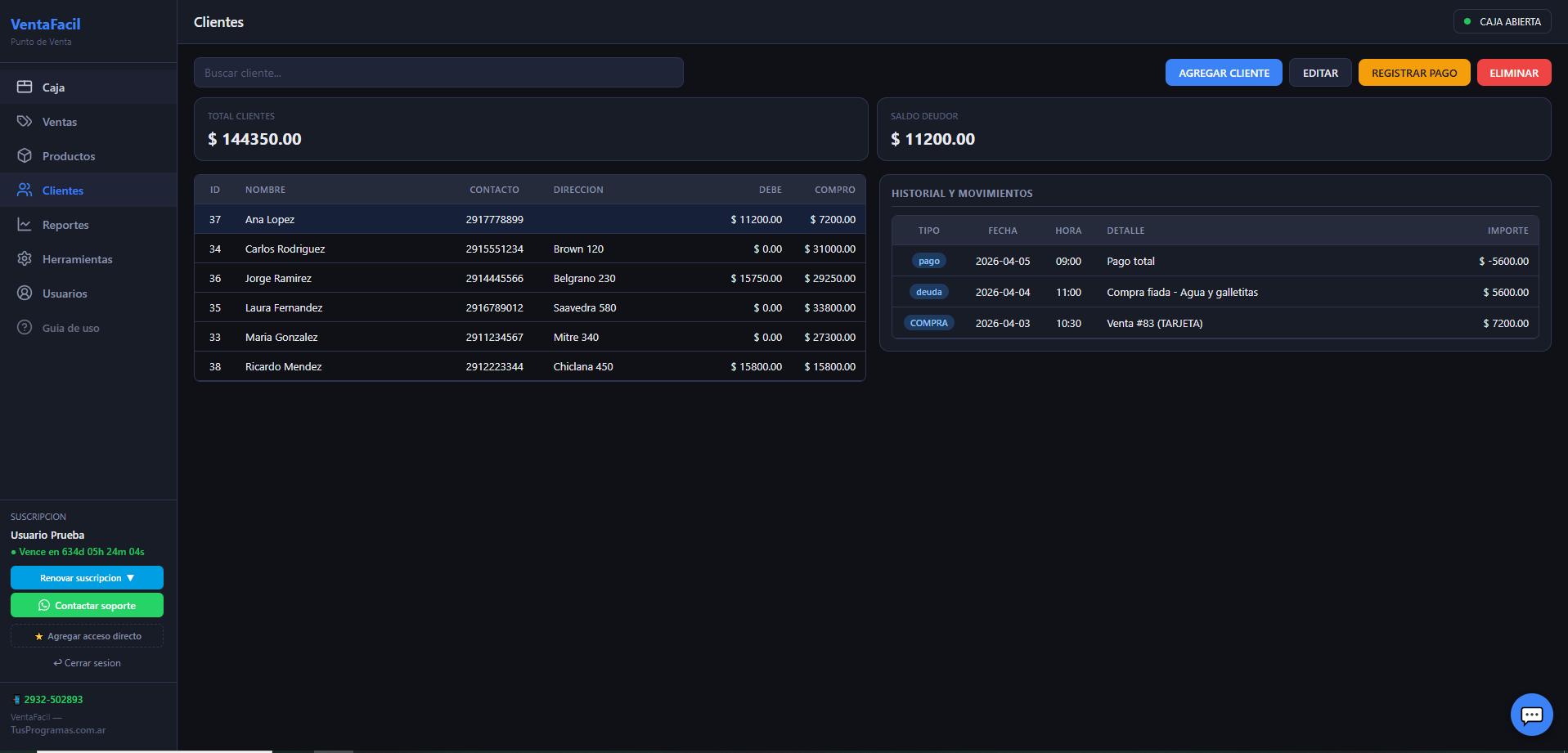 Gestión de clientes con deudas y pagos