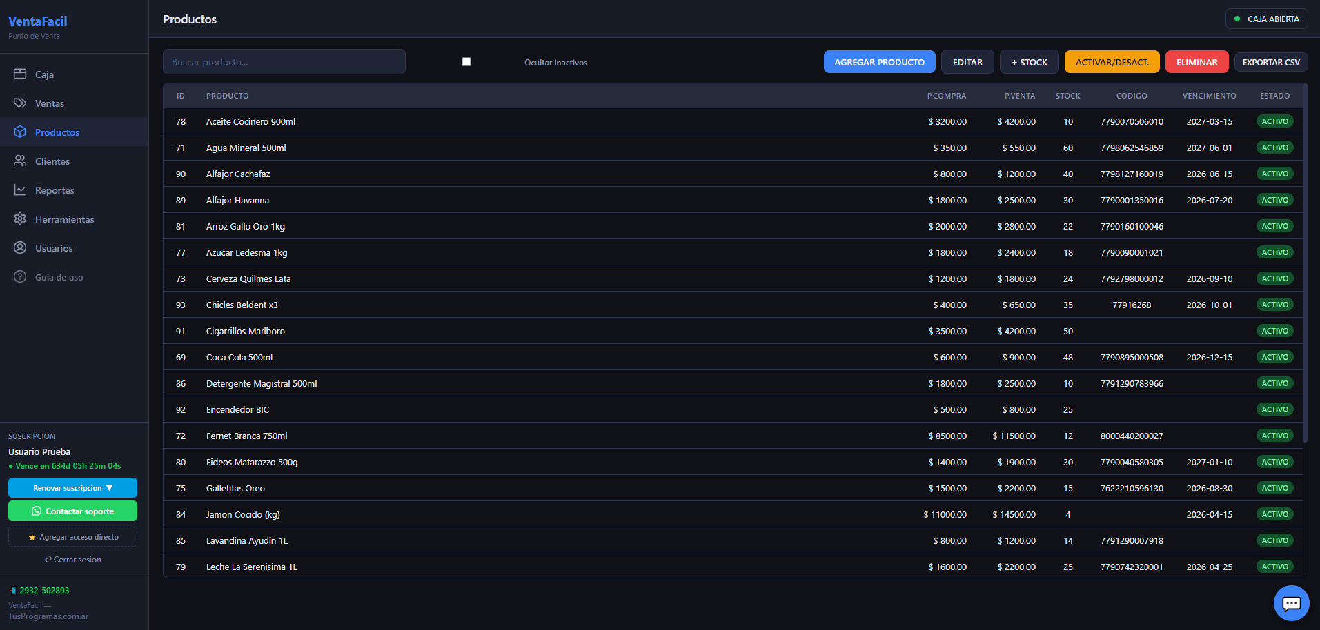 Catálogo de productos con stock y precios